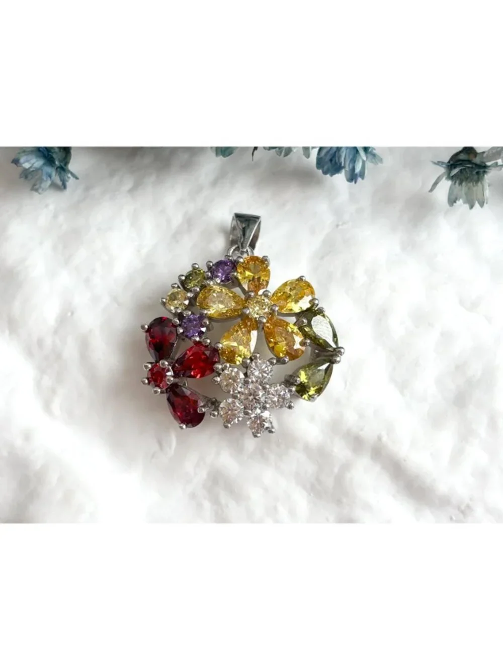 Floral Rainbow Peridot, Citrine, Garnet & CZ Gemstone Vintage Pendant | Charm